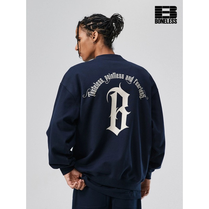 [BONELESS] Tasteless, Pointless and Fearless Oversized Graphic Sweatshirt – Navy Gothic Back Print