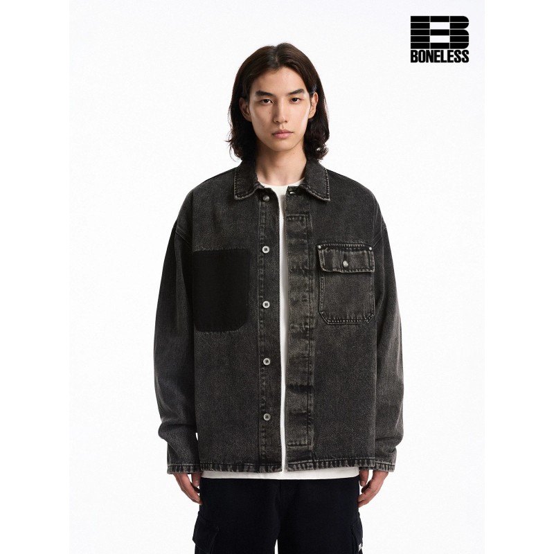 [BONELESS] Contrast Pocket Denim Overshirt – Washed Black Relaxed Jacket