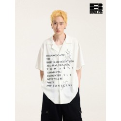 [BONELESS] Romantic Text Print Camp Collar Shirt – White Short Sleeve