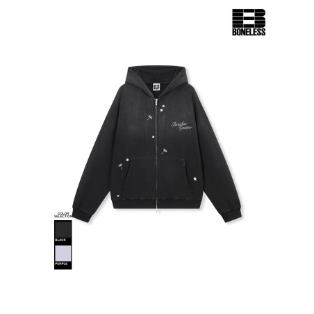 [BONELESS] Garden Zip-Up Hoodie – Dandelion Embroidered Sweatshirt, Black / Purple