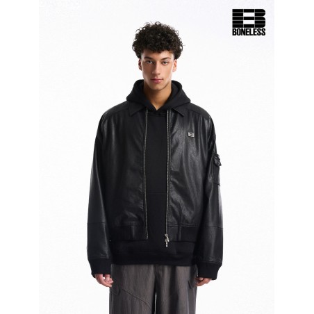 [BONELESS] Leather-Look Bomber Jacket – Black Zip-Up Oversized Layering Piece