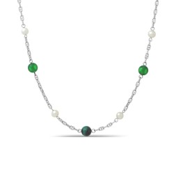 [WBT] Green Bead & Pearl Station Necklace – Silver-Tone Chain