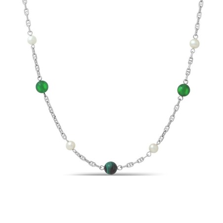 [WBT] Green Bead & Pearl Station Necklace – Silver-Tone Chain